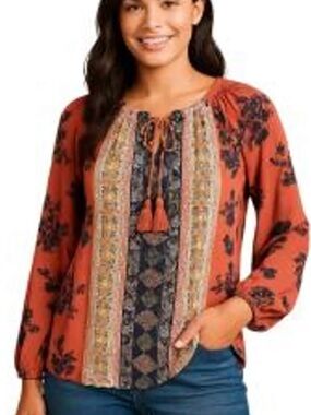 Boho Floral Contrast Tunic Top - Coral & Navy